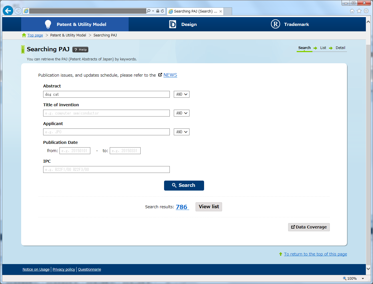 Top Screen (Hit volume check & Search)